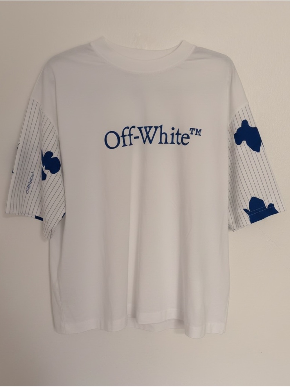 Off-White White T-Shirt with Blue Logo Tag